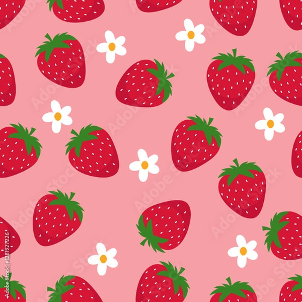 Fototapeta Seamless pattern with strawberries and green leaves for fashion printing, vector illustration