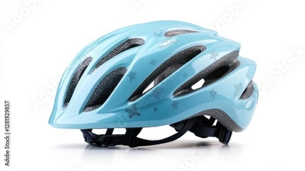 Fototapeta A cheerful blue bike helmet decorated with starfish patterns captures the spirit of fun and safety for young cyclists, emphasizing the joy of outdoor adventures.