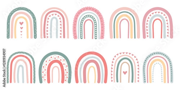 Fototapeta Boho rainbow set isolated on white background. Cute rainbow with hearts. Scandinavian style. Vector illustration.