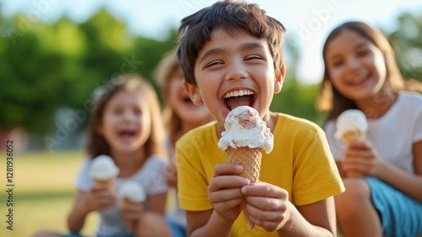 Fototapeta Happy children enjoying ice cream on sunny day, laughing and having fun together. joy of summer is captured in their smiles and delicious treats