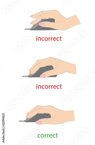 Fototapeta correct and incorrect to hold a computer mouse. vector illustration.
