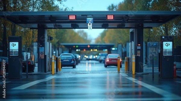 Fototapeta Smart parking lot entrance with automated pass system and surveillance technology