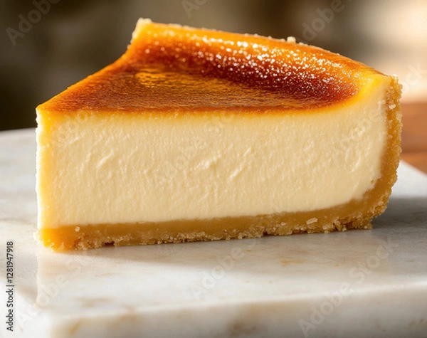 Obraz Creamy Cheesecake Slice with Golden Caramelized Top on Marble Surface