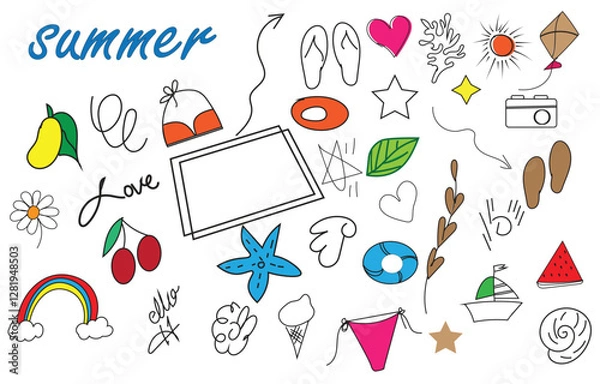 Fototapeta Handdrawn summer elements, beach party and picnic decor set illustration vector