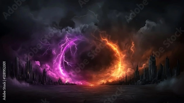 Fototapeta Dark fantasy landscape featuring a vibrant portal with lightning amidst a stormy sky