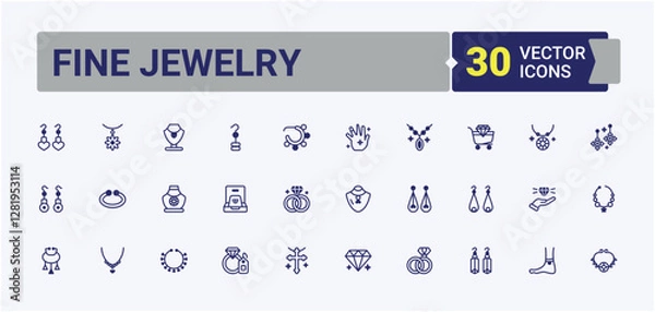 Fototapeta Fine Jewelry vector icon set. Contains such icons as jewel, element, charms, ring, gems and more. Vector outline and solid icons collection.