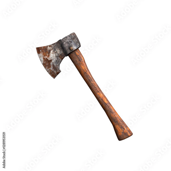 Obraz Rusty, weathered axe with wooden handle, isolated on transparent background. Ideal for history, survival and rugged tools themes, png
