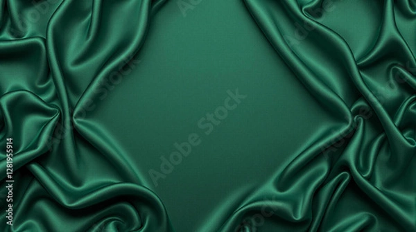 Obraz Emerald green satin fabric, wavy abstract satin cloth texture pattern, top view green drapery silk fabric luxury background with space on the center for design