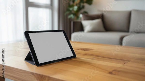 Obraz Blank white screen computer tablet putting on wooden desk at the living room as background