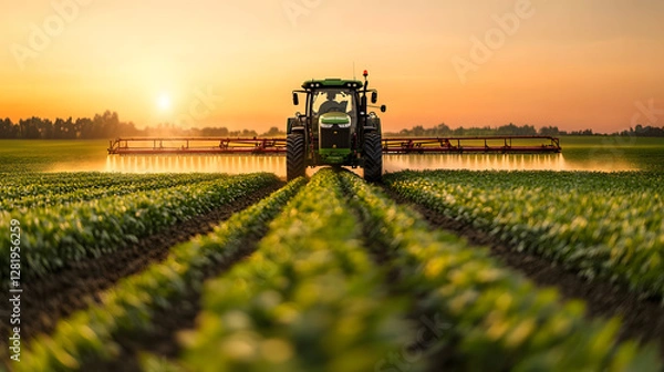 Obraz An agricultural tractor using technology in crop maintenance
