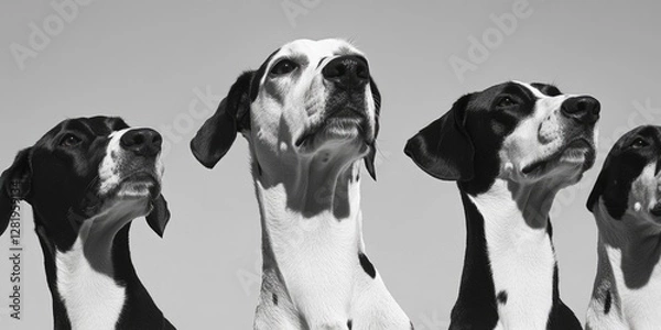 Obraz Four Dalmatian dogs looking upwards with identical expressions, showcasing their black and white spotted pattern.