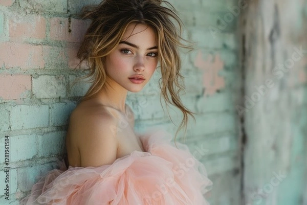 Fototapeta A young woman with tousled hair, wearing a peach tulle dress, leans against a teal brick wall.