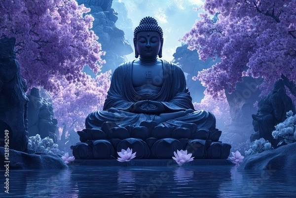 Obraz Majestic Buddha Statue in a Serene, Nighttime Garden