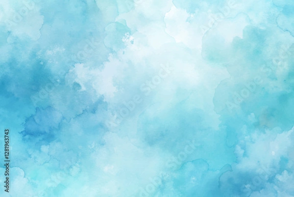 Obraz The blue background is filled with watercolor brush strokes. The sky is a light blue color and the clouds are white. The brush strokes are very loose and free, giving the painting a dreamy