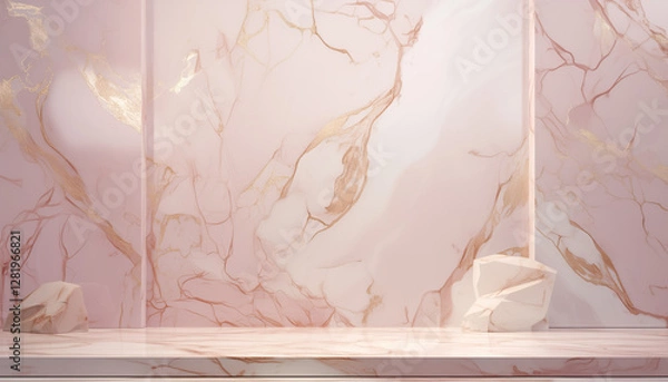 Fototapeta Pink and white product mock up scene, soft rose marble backdrop with a gold veins