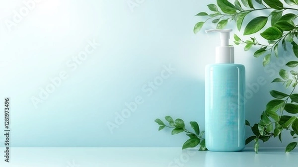 Fototapeta A beautiful aqua bottle sits gracefully against a soft blue background, surrounded by vibrant green leaves, symbolizing freshness and a connection to nature.