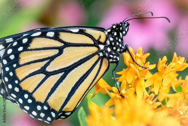 Fototapeta Close Up of a Monarch Butterfly on the Bloom of a Butterfly Weed with a Colorful Background