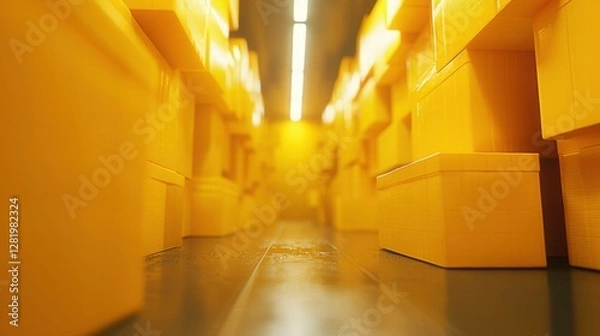 Fototapeta Abstract View of Yellow Storage Boxes in Modern Warehouse Space