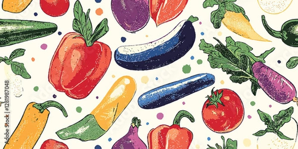 Obraz A colorful vector seamless pattern of fresh vegetables on a beige vintage background, Vegetarian print features healthy vegetables and fresh green food