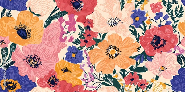 Fototapeta An abstract floral vector painting featuring pink, yellow, and blue colors captures the essence of blooming vibrancy for use as a seamless background, modern decor, or textile designs