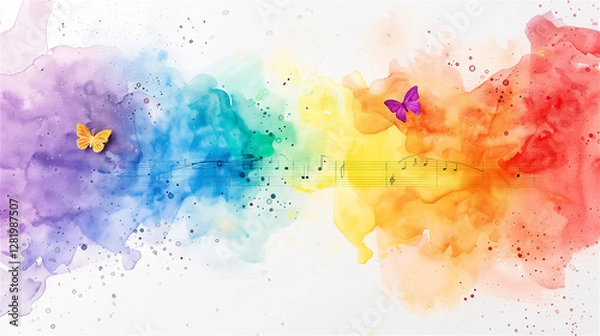 Obraz A beautiful watercolor painting that features a vibrant colorful, rainbow colored, notes and delicate butterflies set against a clean, white background