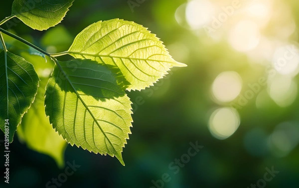 Obraz Vibrant green leaf in soft sunlight, blurred nature backdrop for a fresh, eco-friendly scene