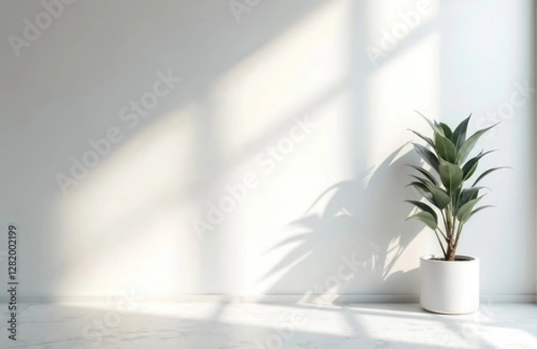Fototapeta Interior with plant, sunlight shadows on white wall and marble floor. Minimal mockup studio room, elegant background, template for product display, space for text. Home decor with indoor plant.