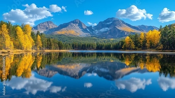 Fototapeta A serene mountain range bathed in the soft glow of morning light, perfectly mirrored in the calm waters of a tranquil lake.