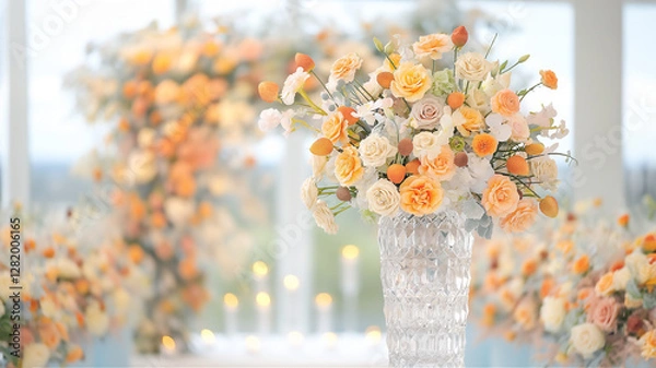 Obraz A beautiful vase that is filled with vibrant orange and white flowers is gracefully sitting on a table, enhancing the decor of the room, copy space