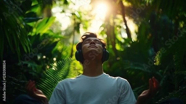 Fototapeta A serene moment of meditation in a lush jungle, with a person wearing headphones, basking in natural light.