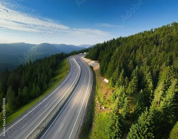 Fototapeta aerial view of a road in the middle of the forest road curve construction up to mountain