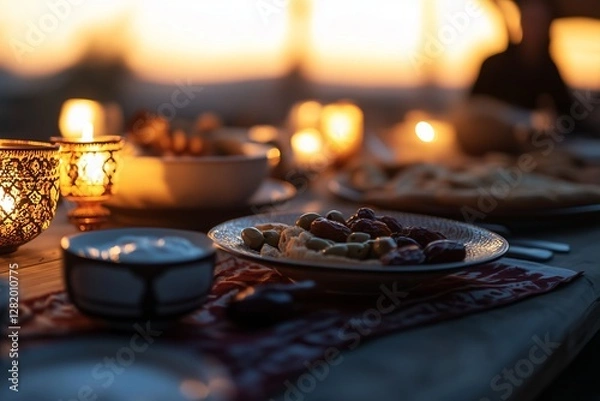 Fototapeta cozy, dimly lit dining table set for Suhoor, featuring traditional Middle Eastern breakfast items such as dates, yogurt, olives, flatbread, and a warm cup of tea
