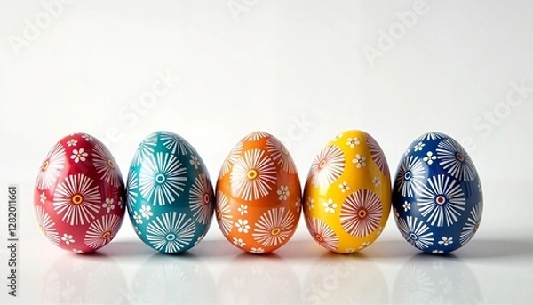 Fototapeta Brightly colored decorated eggs displayed in a row, festive creativity