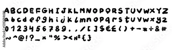 Fototapeta Black doodle english latin abc alphabet font with digits and symbols handwritten A to Z, 0 to 9 collection. Vector illustration in hand drawn scribble style isolated on white background. Design, menu.