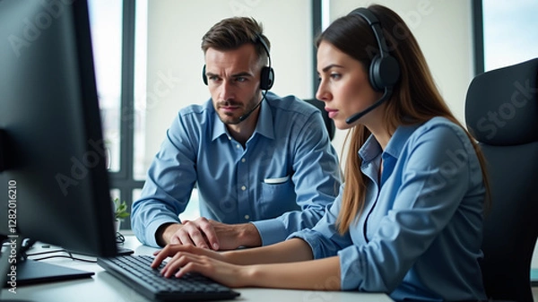 Fototapeta An IT support specialist helping a user troubleshoot their device