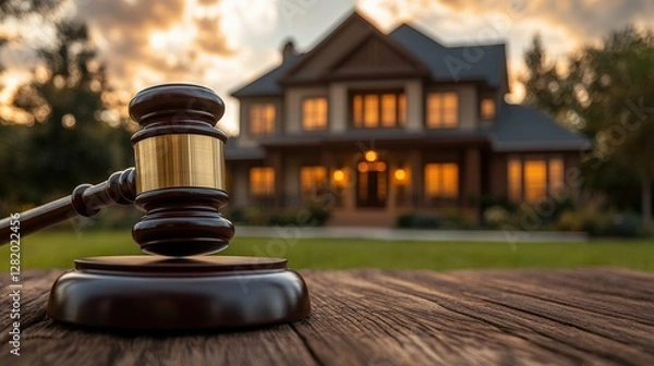 Fototapeta A gavel resting on a wooden table with a beautiful house illuminated in the background at sunset