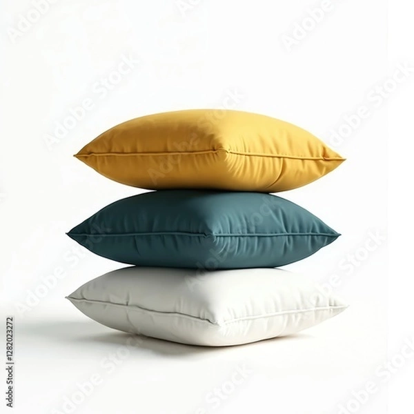 Fototapeta Stack of three pillows in yellow, teal and white colors. Soft comfortable cushion, home interior decoration element on white background. Add cozy touch to home design. Modern minimalistic style.