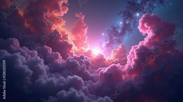 Fototapeta A colorful, dense nebula expanding like a celestial storm, swirling clouds of ionized gas illuminated by newborn stars, blending vibrant purples, pinks, and deep blues.