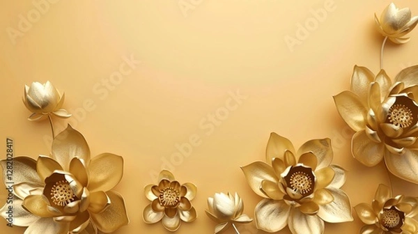 Obraz Golden lotus flower sculptures, border, background wallpaper, blank in the middle, minimalism, negative space, used for postcard template