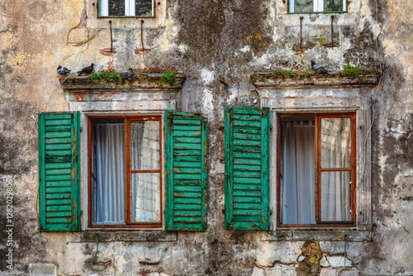 Fototapeta Windows in wall of ancient stone house in old town.