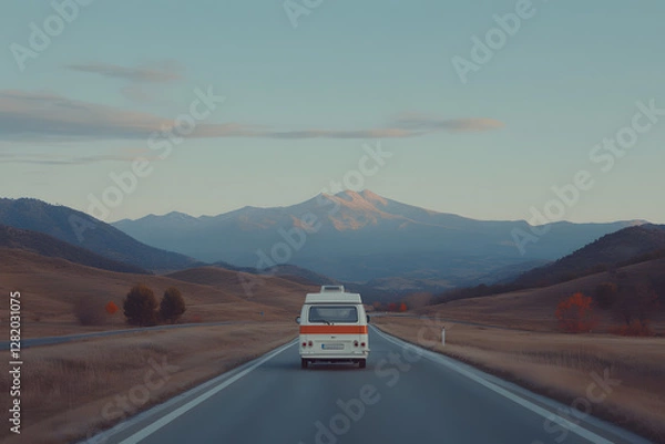 Fototapeta Retro camper van on a road trip with mountains in the background. Adventure and scenic travel in a vintage vehicle. Enjoying the journey!
