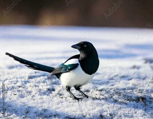 Fototapeta Generated imaTitle: Black and White Magpie Standing on a Snow-Dusted Ground

