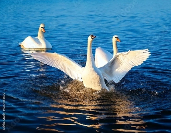 Fototapeta Generated imaTitle: Elegant Swans Spreading Their Wings on a Tranquil Lake

