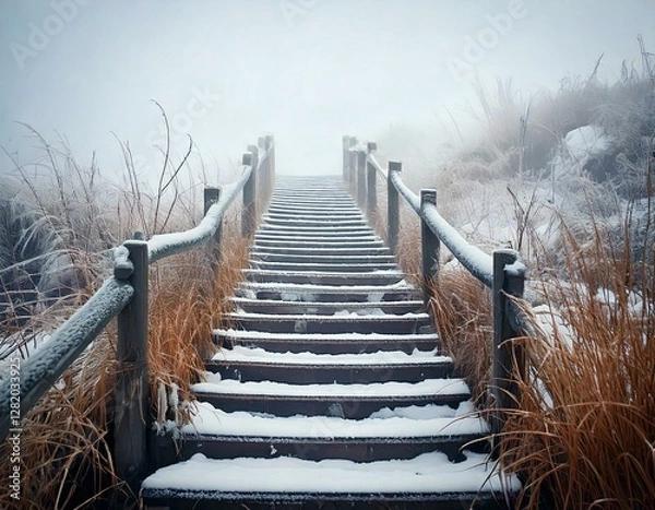 Fototapeta GenerateTitle: Snow-Covered Wooden Staircase Leading Into the Fog

