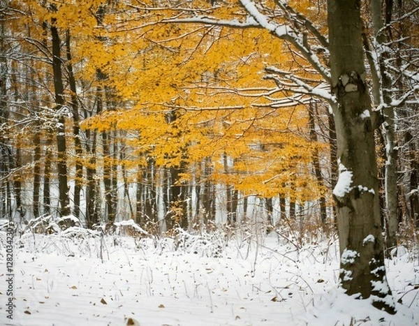 Fototapeta GenTitle: Golden Autumn Trees in a Snow-Covered Forest Landscape

