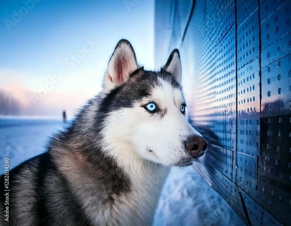 Fototapeta GenerateTitle: Siberian Husky in a Snowy Landscape with Modern Reflective Architecture

