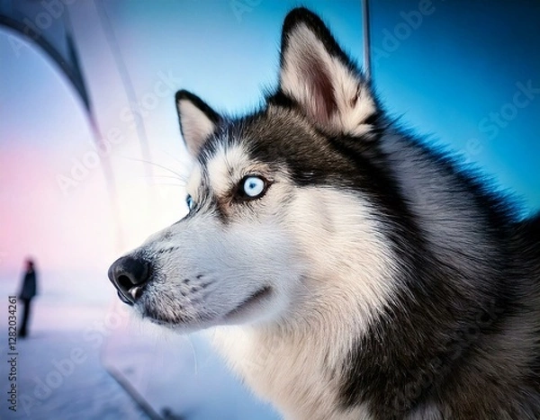 Fototapeta GenerateTitle: Siberian Husky in a Snowy Landscape with Modern Reflective Architecture

