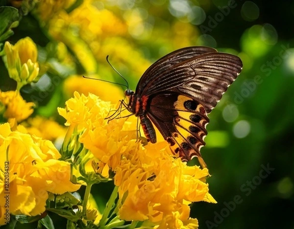 Fototapeta GeneraTitle: Beautiful Butterfly Resting on Vibrant Yellow Flowers in Nature


