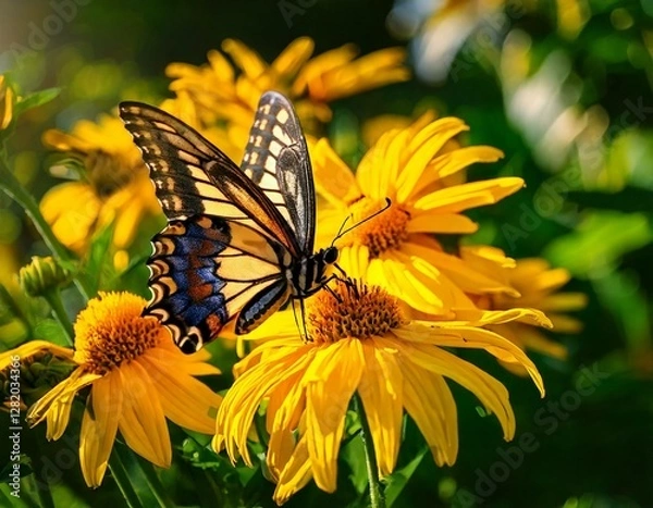 Fototapeta GeneraTitle: Beautiful Butterfly Resting on Vibrant Yellow Flowers in Nature

