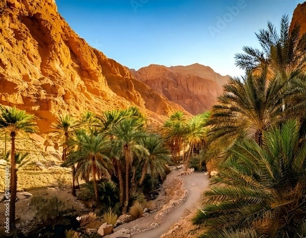 Fototapeta Generated imTitle: Scenic Desert Oasis with Lush Palm Trees and Rugged Mountains

